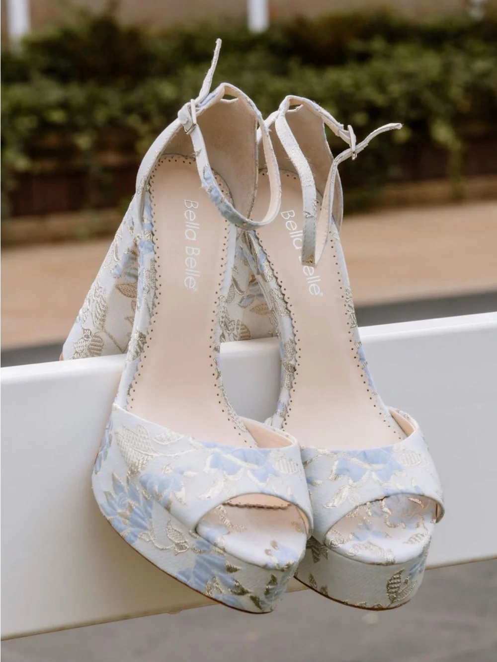 Bella Belle “Catarina” Powder Blue Floral Platform Sandals with Ankle Strap